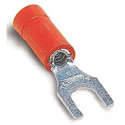 Vinyl Insulated Fork Terminal with 90 Degree Bend, Length 0.94in, Width 0.25in, Max Insulation 0.150, Bolt Hole #6, Wire Range #22-#16 AWG, Red, Copper, Tin Plated