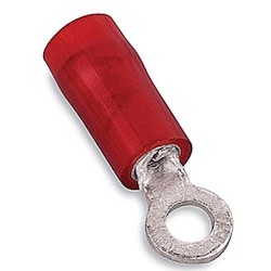 Nylon Insulated Ring Terminal, Length 1.20in, Width 0.53in, Max Insulation 0.136, Bolt Hole 3/8in, Wire Range #22-#16 AWG, Red, Copper, Tin Plated, On Mylar Tape, 1,000 Pack