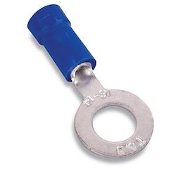 Expanded Vinyl Insulated Ring Terminal, Length 0.97in, Width 0.31in, Max Insulation 0.200, Bolt Hole #6, Wire Range #18-#14 AWG, Blue, Copper, Tin Plated, On Mylar Tape, 1,000 Pack
