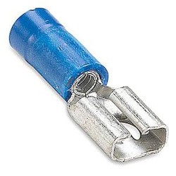 Vinyl Insulated Female Disconnect, Length 0.96in, Width 0.29in, Max Insulation 0.200, Tab Size 0.250x.032, Wire Range #16-#14 AWG, Blue, Copper, Tin Plated, On Mylar Tape, 1,000 Pack