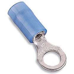 Nylon Insulated Expanded Entry Ring Terminal with 90 Degree Bend, Length 0.95in, Width 0.31in, Max Insulation 0.190, Bolt Hole #8, Wire Range #18-#14 AWG, Blue, Copper, Tin Plated, 1,000 Pack
