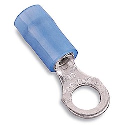 Nylon Insulated Ring Terminal, Length 1.08in, Width 0.47in, Max Insulation 0.162, Bolt Hole 5/16in, Wire Range #18-#14 AWG, Blue, Copper, Tin Plated, On Left Feed Reel Mylar Tape, 1,000 Pack