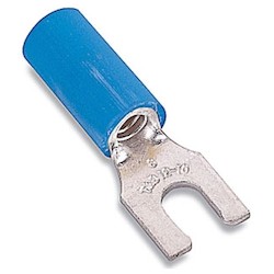 Nylon Insulated Locking Fork Terminal, Length 0.95in, Width 0.25in, Max Insulation 0.162, Bolt Hole #6, Wire Range #18-#14 AWG, Blue, Copper, Tin Plated, On Mylar Tape, 1,000 Pack