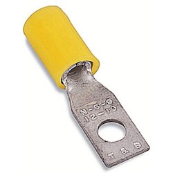 Nylon Insulated Rectangular Ring Terminal with 90 Degree Bend, Length 0.984in, Width 0.237in, Bolt Hole #4, Wire Range #12-#10 AWG, Yellow, Copper, Tin Plated