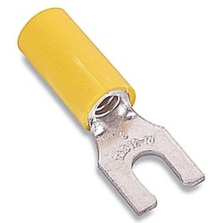 Nylon Insulated Locking Fork Terminal, Length 1.07in, Width 0.31in, Max Insulation 0.250, Bolt Hole #6, Wire Range #12-#10 AWG, Yellow, Copper, Tin Plated, On Mylar Tape, 1,000 Pack