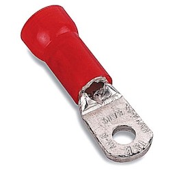 Nylon Insulated Large Ring Terminal with 90 Degree Bend, Length 1.53in, Width 0.56in, Max Insulation 0.270, Bolt Hole 3/8in, Wire Range 8AN, Red, Copper, Tin Plated