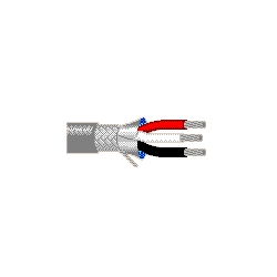 24 AWG, three stranded (7x32) tinned copper conductors, Datalene insulation, overall Beldfoil plus a tinned copper braid shield (65% coverage), drain wire, PVC jacket