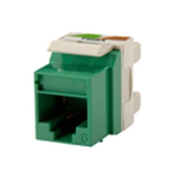 Category 6 Keystone jack, 8-position, 180 degree exit, icon compatible, T568A/B wiring, Green. Package of 25.