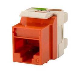 Category 6 Keystone jack, 8-position, 180 degree exit, icon compatible, T568A/B wiring, Orange. Package of 25.