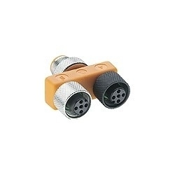 M12 Micro splitter/T-connector with two M12 female and one M12 male connector, self-locking threaded joint (A and B connectors, 5-poles).