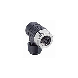 M12 Micro Field attachable connector, female right angle connector, 5-pole with stainless steel hexagon threaded joint, assembling with screw terminals, especially designed for use in food processing equipment.