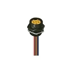 Mini Receptacle connector, 7/8 inch A body, female 4-pole for front mounting, assembled stranded wire, potted with epoxy, chassis side thread 1/2 inch NPT, screw connection, US Color Code.