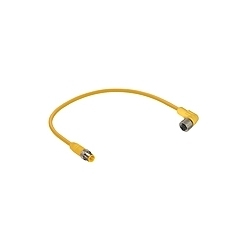 M12 Micro actuator/sensor cordset, double-ended, 4-poles, male straight to female right angle connector with self-locking thread and yellow PUR 18 gauge molded cable, IEC color code. cable length: 5M
