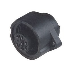 CA 6 GD; Panel-mounted Socket with flange, 6 contacts + PE, black housing, 10A, 250V AC/DC