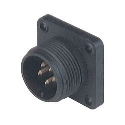 CM 02 E 14S-5 P; Surface mounted connector, with flange, with solder bucket, 5 contacts, MIL-C 5015 bzw. VG 95 342, black housing, 10A 50V AC/DC