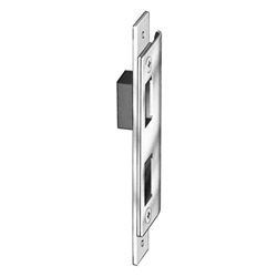 Door Deadlatch Strike, Long, Flat, Satin Stainless, With Molded Black Plastic Dust Box, Closure, Steel Mounting Plate, For Aluminum/Hollow Metal/Wood Door