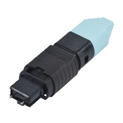 UniCam Standard-Performance Connector, MTP (pinned), 50 µm multimode (OM3/OM4/OM4 extended 10G distance), 12-fiber black housing and aqua boot