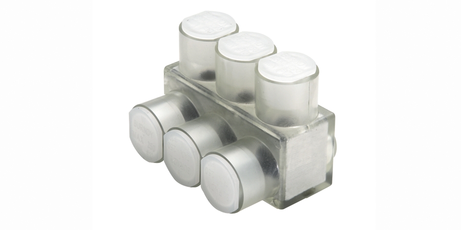 CONNECTOR, MULTI-TAP AL, 3 TAP, 1-SIDED, CLEAR INS, #10 - 250, DUAL RATED