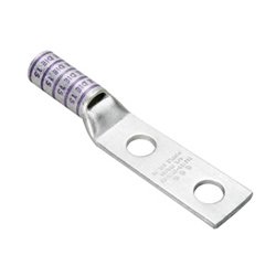 Copper Compression Lug, 2 Hole With Inspection Window, Long Barrel, 1/2 Inch Stud, 4/0 AWG, Electro-Tin Plated, Purple, 1.75 Inch Stud Hole Spacing