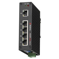 Unmanaged industrial Ethernet switch with five Fast Ethernet ports, an aluminum metal case, DIN rail or wall mount installation, 3.2Gbps switch fabric, and an alarm relay output