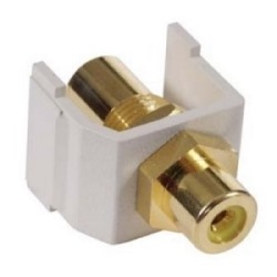 Audio video connector, RCA feed-thru, white insulator, sold in carton increments only. Carton contains 25 keystone connectors (individually bagged). White