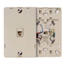 Telephone wall jack, 6P6C, Screw Terminal, Ivory, Plastic wall plate snaps on to mounting plate.
