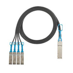 High speed, 2-pair, twinaxial cable, factory terminated to QSFP+ and four SFP+ modular connectors.