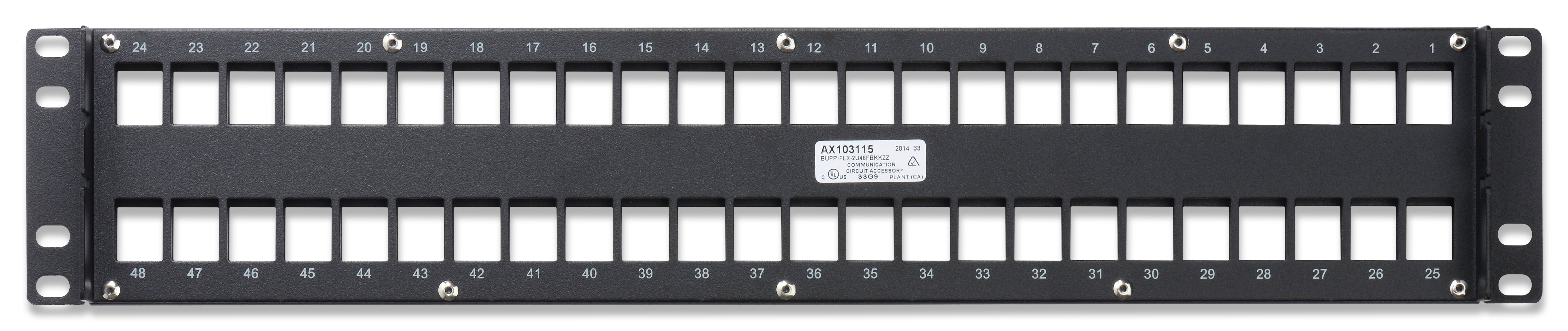 Patch Panel, Steel, 2U, 48 Ports, Flush, Black