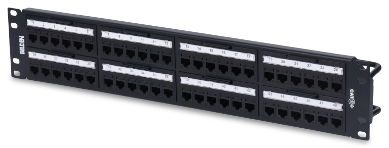 Patch Panel, Steel, 2U, Preloaded, Flat, 48 Ports, Black
